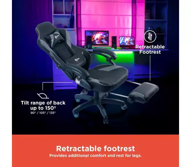 RadioShack Gaming Chair Black And Gray, Ergonomic Racing-Style Chair With Adjustable Height, Footrest, Lumbar Support, And Comfortable Padding