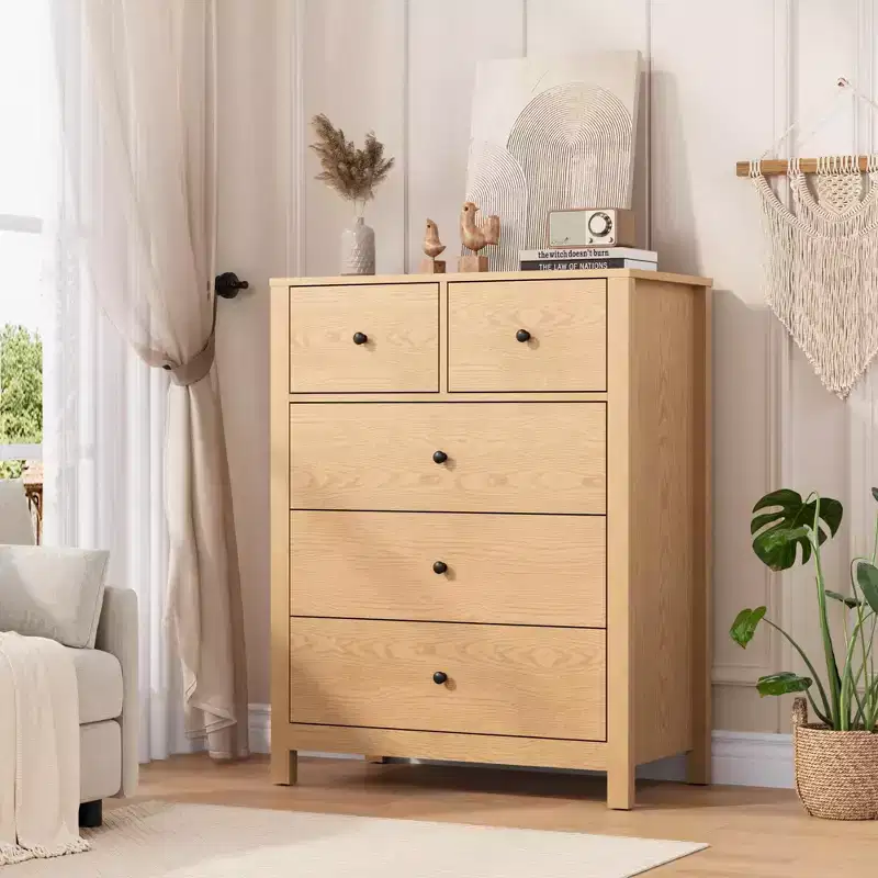 Fluted 5 Drawers Dresser, Modern Wood Grain Chests of Drawers, with Deep Drawers
