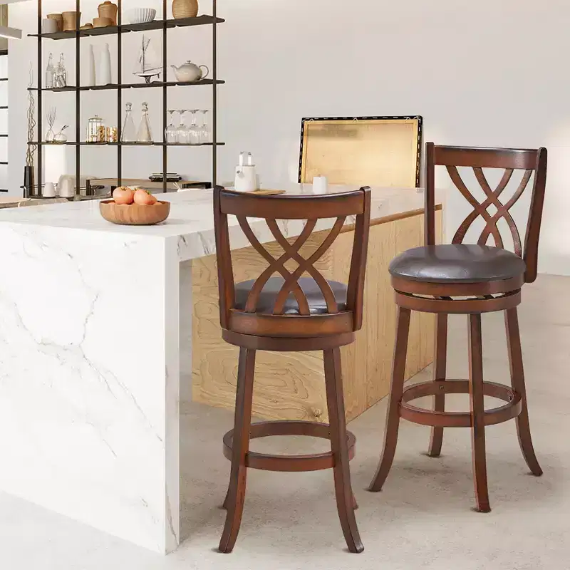 Costway Set of 2 Swivel Bar Stools Bar Height Dining Pub Chairs with Rubber Wood Legs