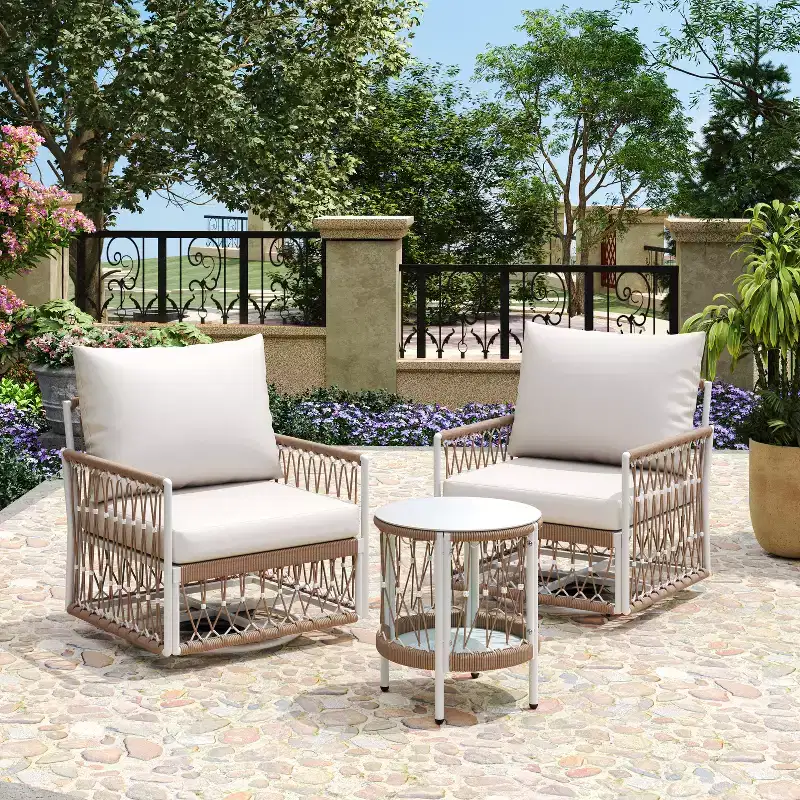 3 PCS Outdoor Conversation Set Patio Seating Group for 2, Garden Furniture Set with 2 Lounge Chairs, Glass Side Table, Waterproof Cushion - ModernLuxe