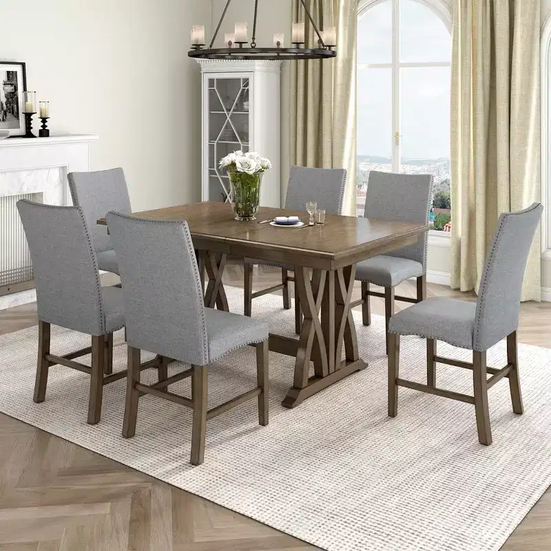 7 Pieces Extendable Dining Table Set for 6, Farmhouse Kitchen Table Set with 6 Upholstered Chairs for Dining Room, Gray