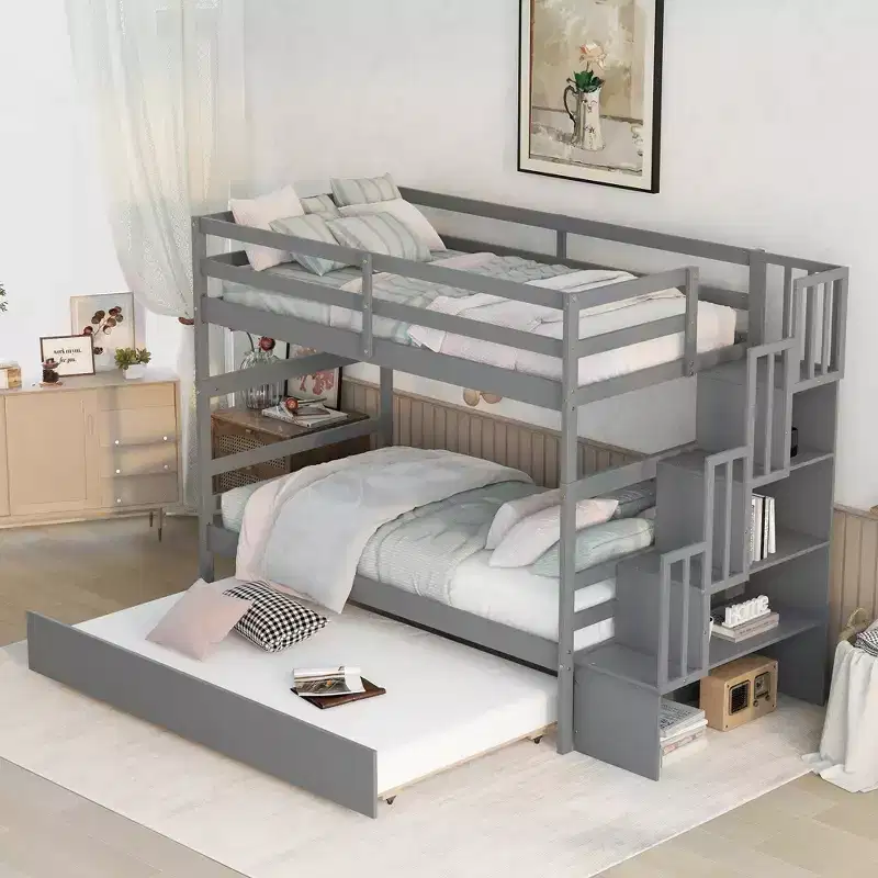 Whisen Twin over Twin Bunk Beds With Twin Trundle and Stairway Storage Function