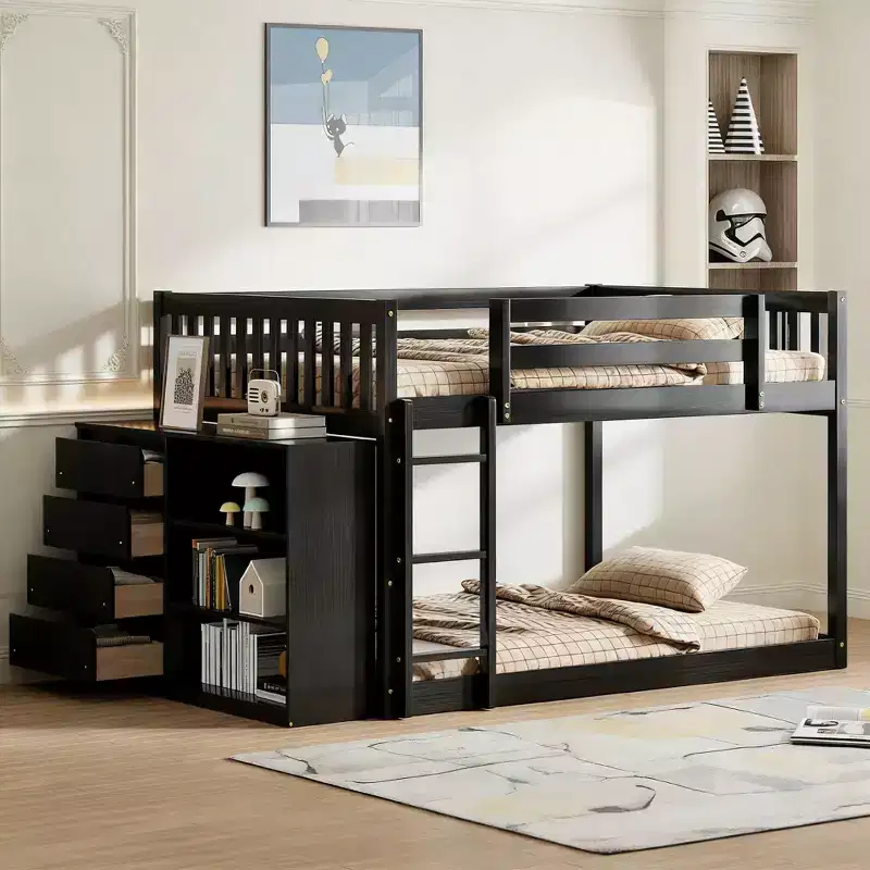 Modern Full over Full Bunk Bed with 4 Drawers and 3 Shelves, Solid Pine Wood