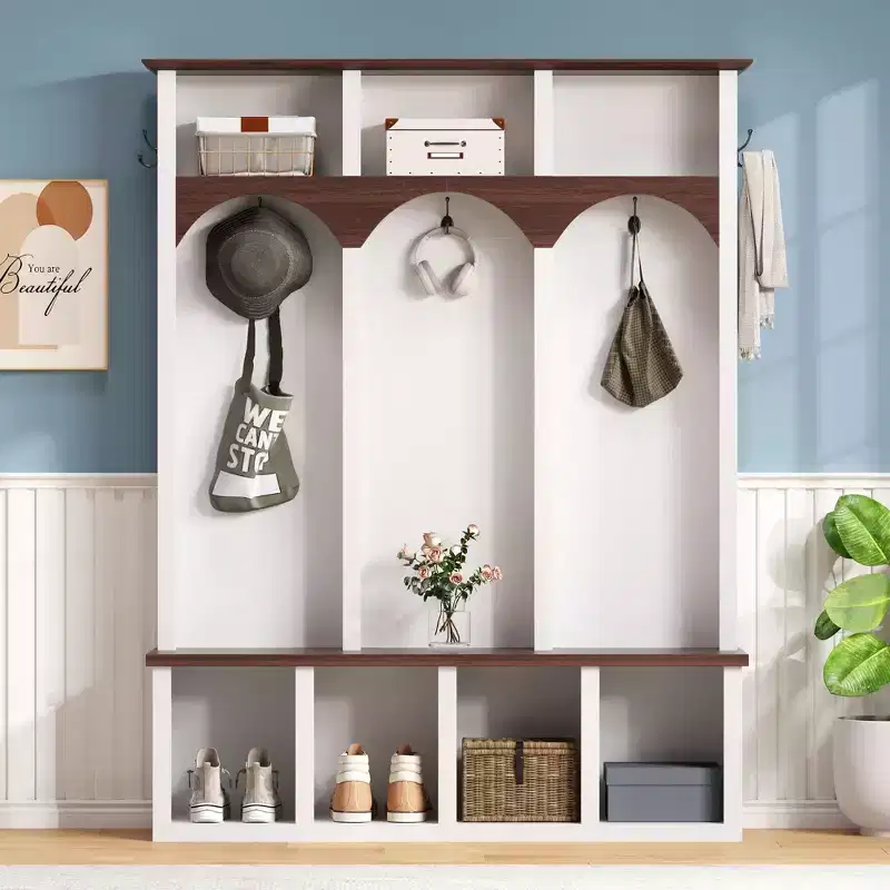 Farmhouse Wooden Hall Tree with 6 Hooks, Walnut Storage Bench, Adjustable Shelves & 13 Cubbies