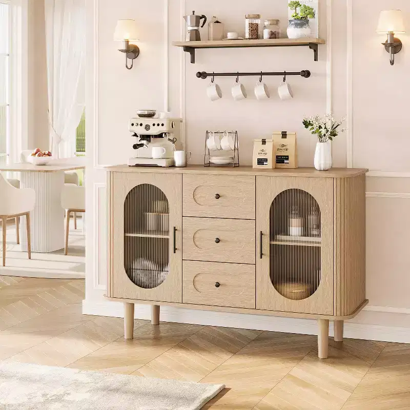 CuisinSmart Sideboard Buffet Cabinet with 2 Fluted Glass Doors&3 Drawers, Farmhouse Accent Coffee Bar with Adjustable Shelves for Kitchen Living Room