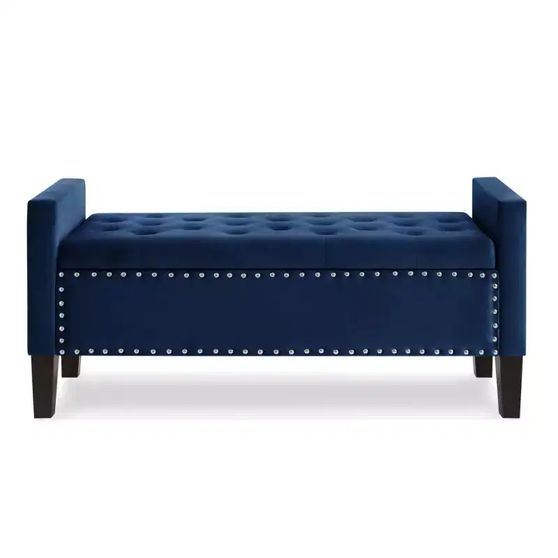 TUYOHW Upholstered Tufted Button Storage Bench with Nails Trim,Entryway Living Room Soft Padded Seat with Armrest, Navy