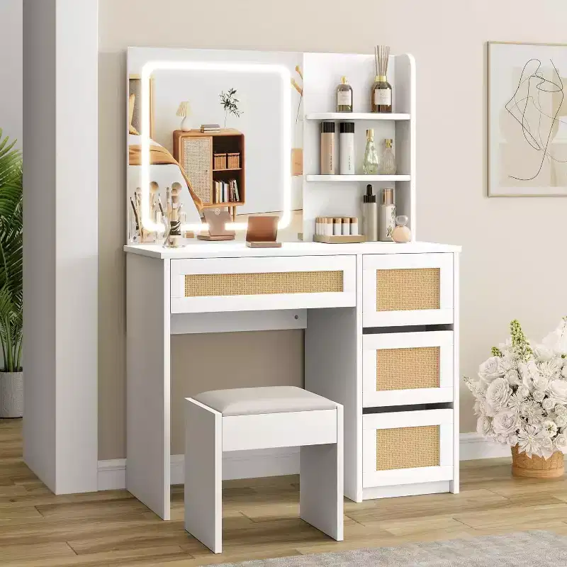 Rattan Vanity Desk in White, Makeup Vanity with Adjustable LED Mirror, 4 Drawers & 2-Tier Open Shelves, Modern Dressing Table for Bedroom