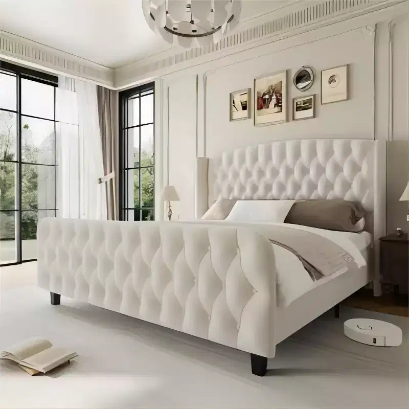 Diamond Button High-Back Upholstered Bed, Modern High Platform Bed Frame, Solid Wood with Soft and Comfortable Sponge Velvet, Bedroom Furniture