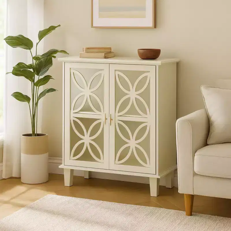 Homy Casa Storage Cabinet with Decorative Glass Doors and Adjustable Shelf, Cream