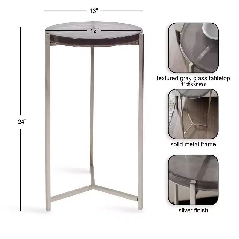 Kate and Laurel Aguilar Glass and Metal Side Table, Gray and Silver, 13x13x24