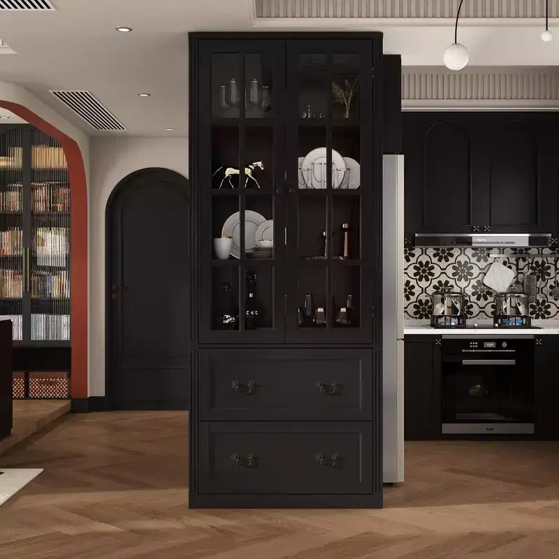 Famapy 31.5''W Glass Doors Bookcase Display Cabinet Wooden Pantry Organizer