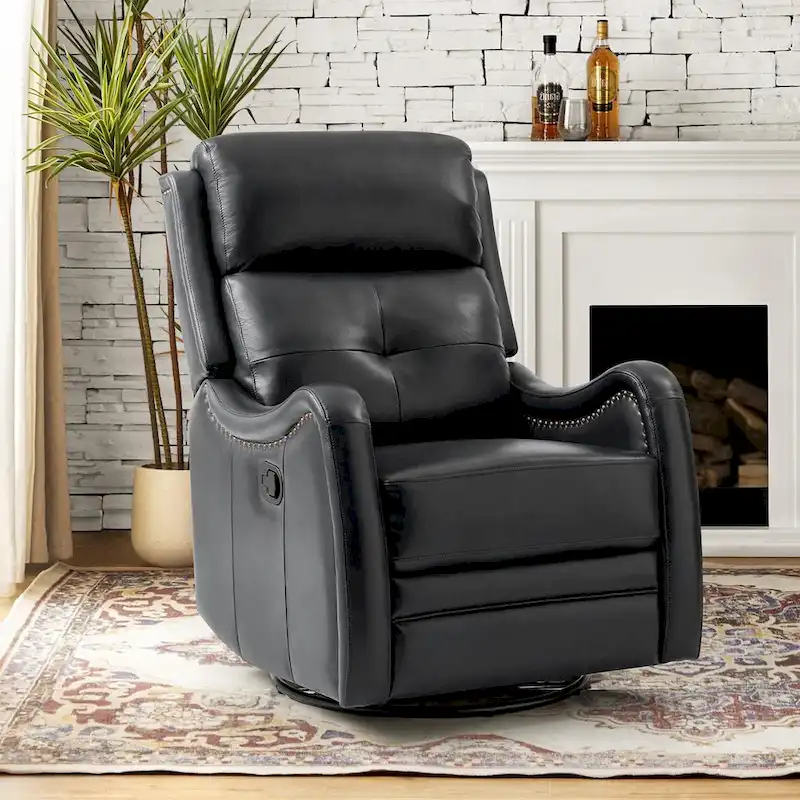FrancoModern Genuine Leather Swivel Rocker Recliner with Nailhead Trims by HULALA HOME