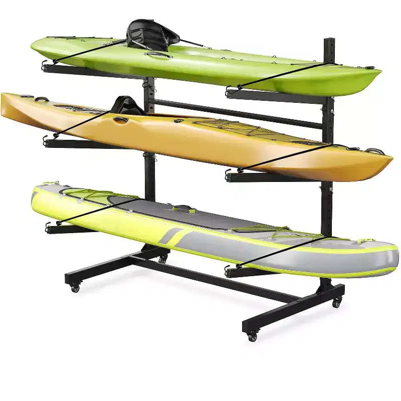 3-Tier Freestanding Kayak Rack, Steel, Lockable Wheels, Holds Kayaks/Canoes/SUPs up to 120 lbs, 46
