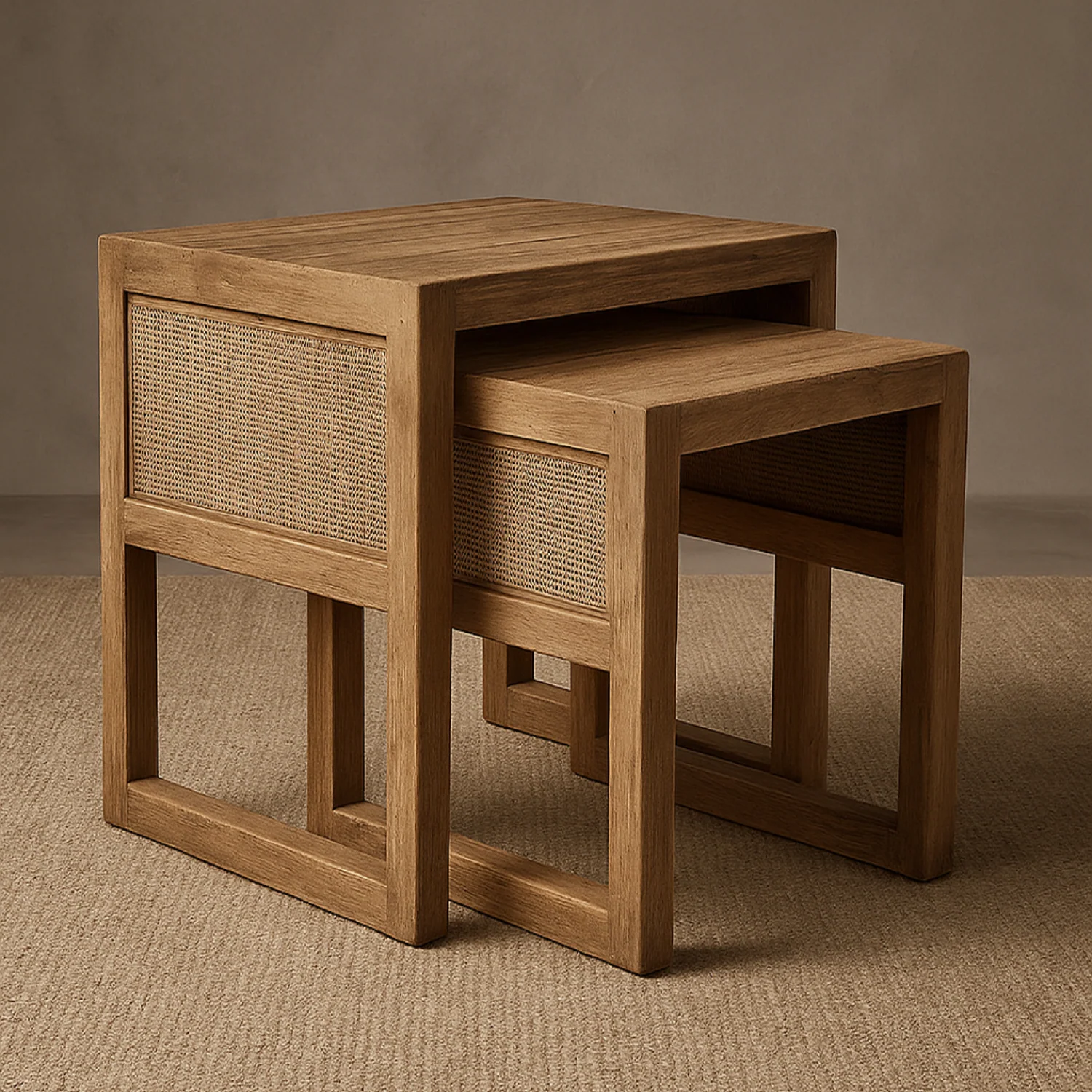 Rustic Teak Side Table with Nesting, Woven