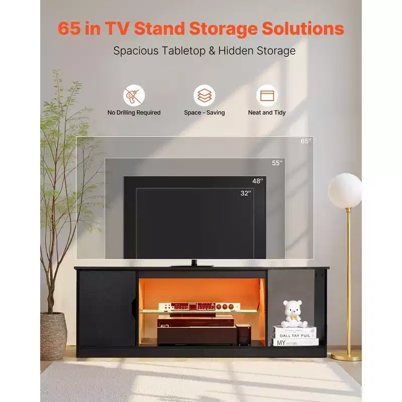 Modern Black TV Stand - Fits 65 Inch TVs, Light Strip, Glass and Adjustable Shelves
