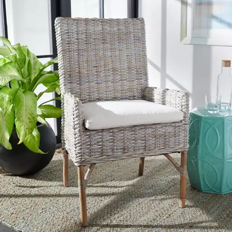 Rattan Accent Chair with Cushion - White & Grey Wash, Wood Frame, 275 lb