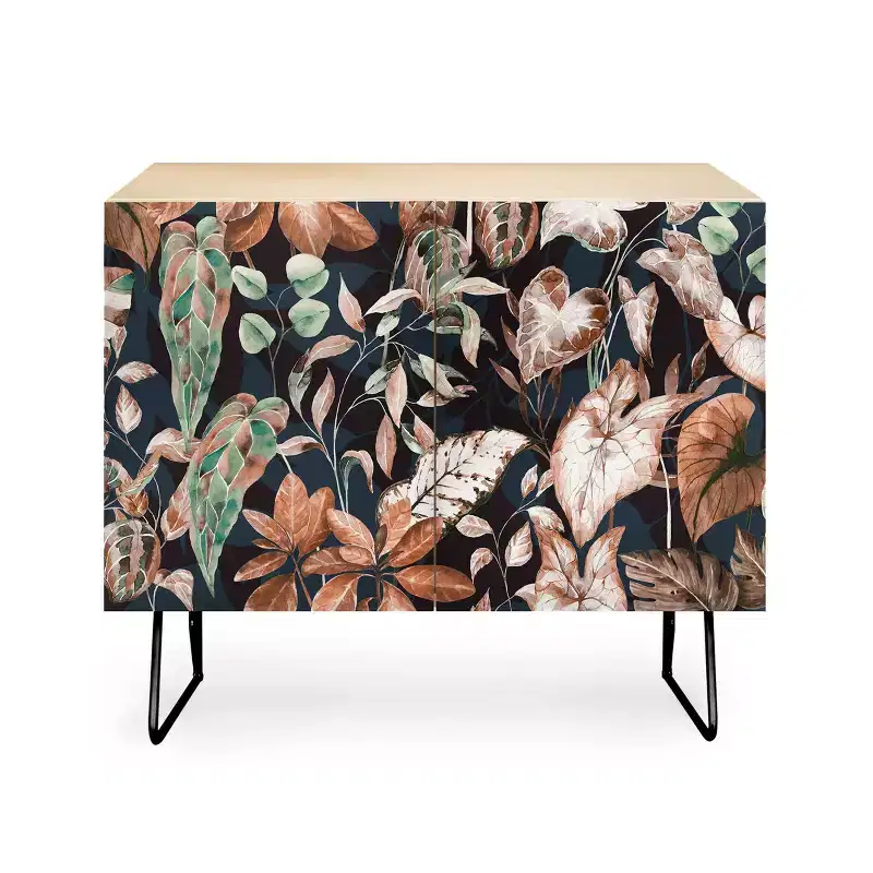 Lush Vintage Dark Jungle Print Credenza