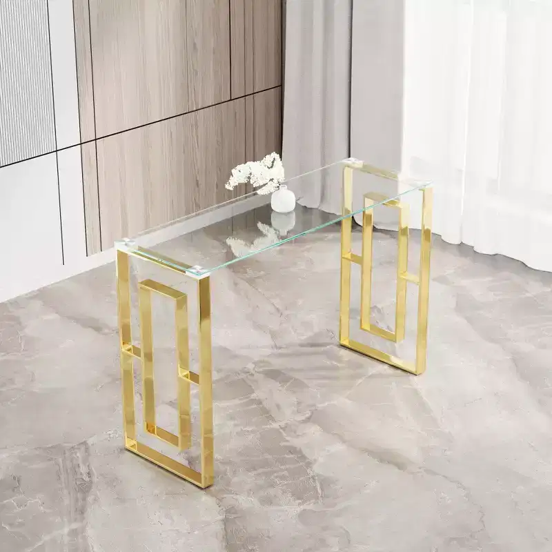 Okak 47IN Modern Console Table with Glass Tabletop, Entryway Table with Stainless Steel Feet, Accent Table for Living Room, Hallway