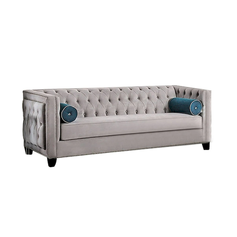 Velvet-like Fabric Sofa with Button Tufted Design in Gray