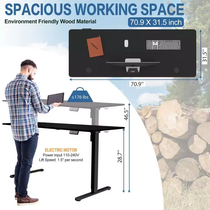 71'' Adjustable Height Standing Desk, Computer Desk with Memory Preset, Splice Tabletop, Black Frame