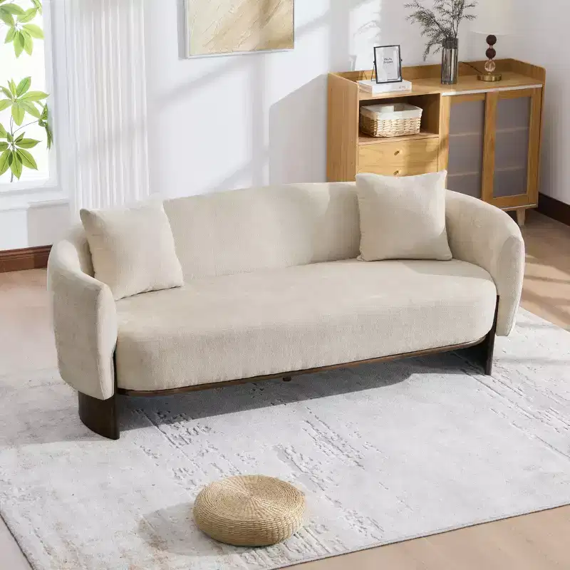 GDFStudio Kyro 81'' Modern Boucle Upholstered 3-Seater Sofa with Wooden Base and Pillows