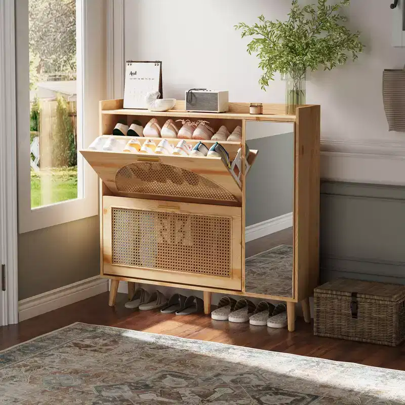 Shoe Cabinet, Entryway Cabinet  Natural Rattan Cabinet with 2 Flip Drawers & Mirror Adjustable Shelves