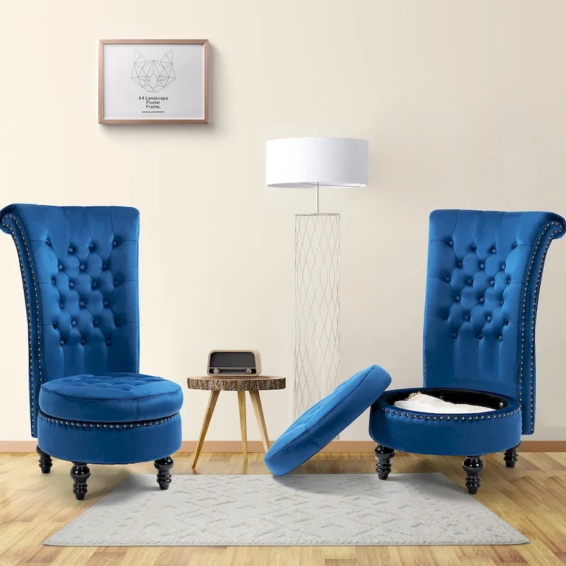 AVAWING Set of 2 High Back Throne Chair Velvet Armless Royal Accent Chair with Storage