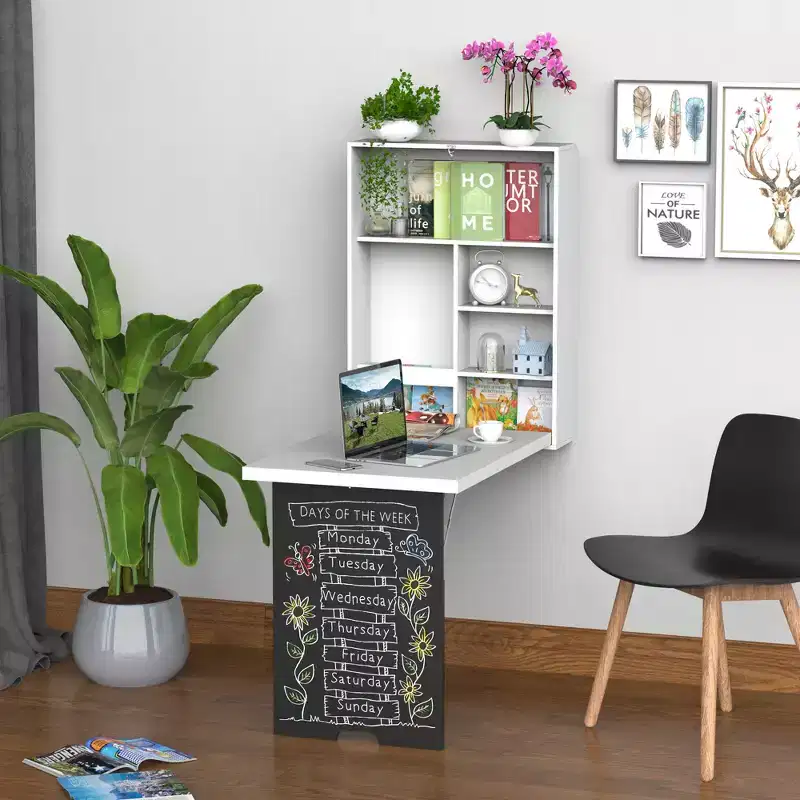 HOMCOM Wall Mounted Foldable Desk with a Blackboard, Fold Out Convertible Floating Desk with Shelves, White