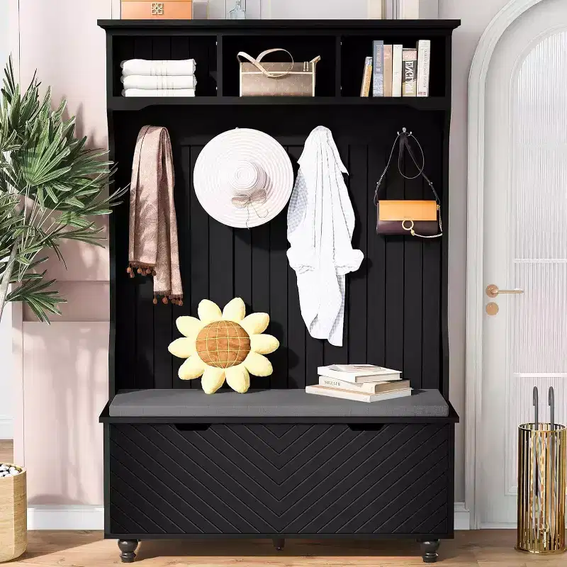 47-Inch Wide Entryway Bench, 4-in-1 Hall Tree with Storage, 4 Hooks & Cushion, Space-Saving Shoe Organizer for Mudroom, Black