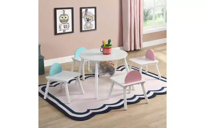 Children's Panel Table With 4 Chairs, Hidden Storage Bag Kitchen Chairs Modern Artistic Chairs For Dining Room, Children's Room White