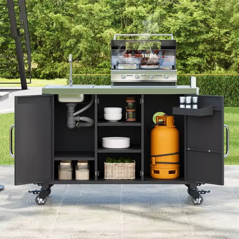 55.5 inch Outdoor Kitchen Island with 304 Stainless Steel Sink, Metal Grill Cart Table with 4 Lockable Wheels