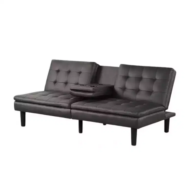 Futon Sofa Bed, Drop-Down Tray and Cupholder, Gray Faux Leather