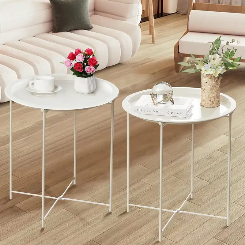 Folding Round TV Tray Tables, Small Round Steel Side Table, No Assembly Required - 18.5 x 18.5 x 19.7 in