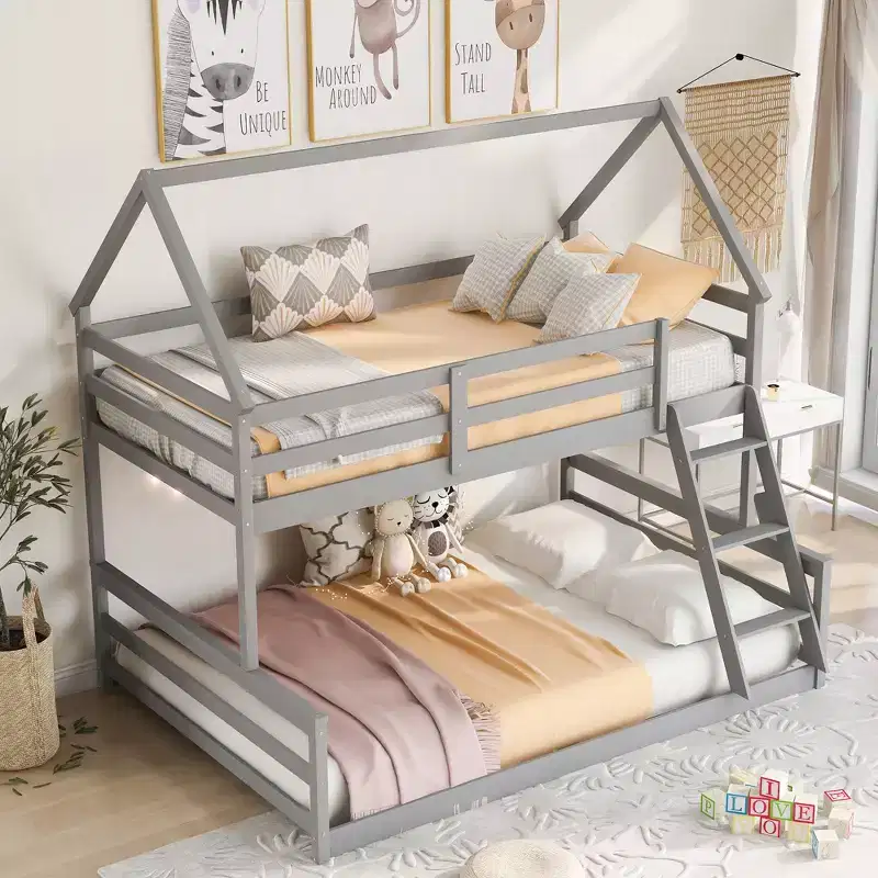 Wood Twin over Full Bunk Bed, Solid Wood House Bed Frame Built in Ladder, Convertible to 2 Beds, Floor Bunk Bed for Kids Teens