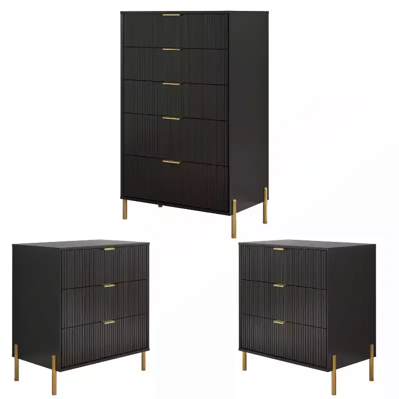 3pc Modern Elegance 3 Drawer Nightstands and 5 Drawer Chest Set