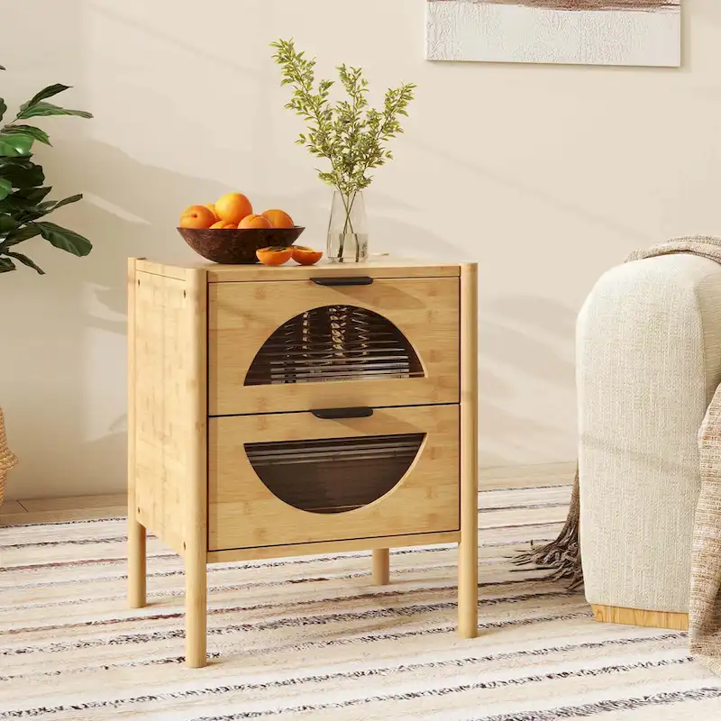 Costway 1/2 PCS Bamboo Nightstand with 2 Storage Drawers & Reeded