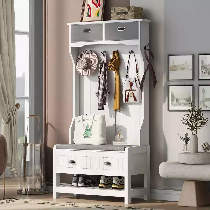 Okak 69IN Farmhouse Hall Tree with 6 Hooks and Hinged Lid, Coat Rack with Storage Bench, Entryway Storage for Living Room, Hallway, White