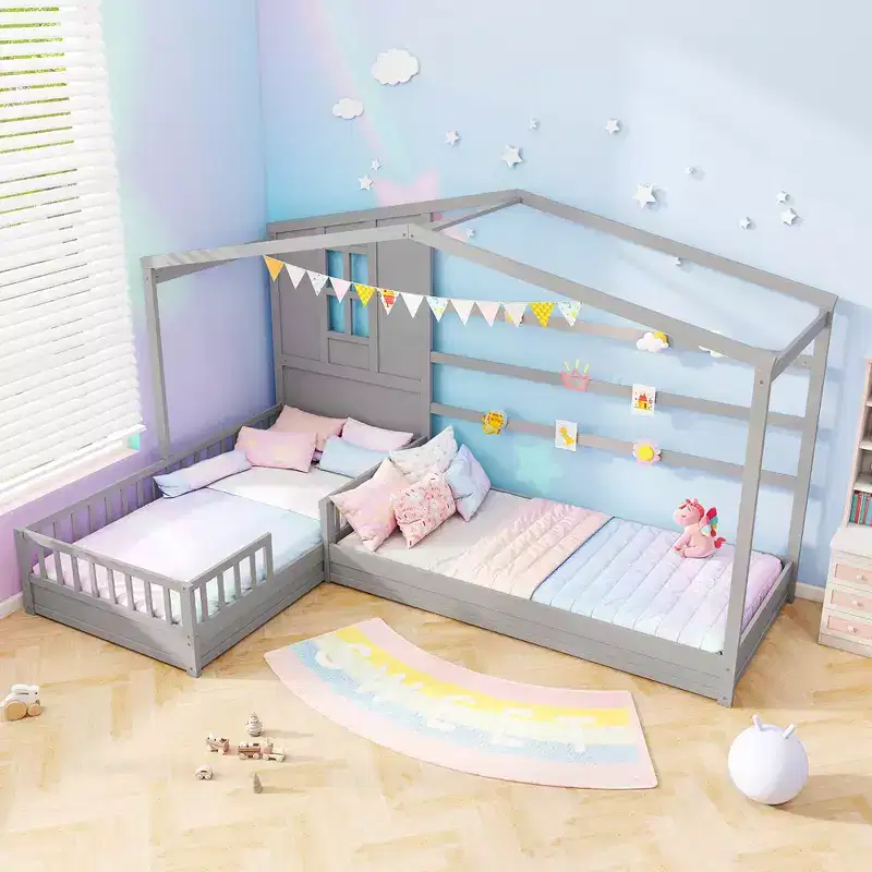 L-Shaped Double Twin House Platform Beds with Window & Fences