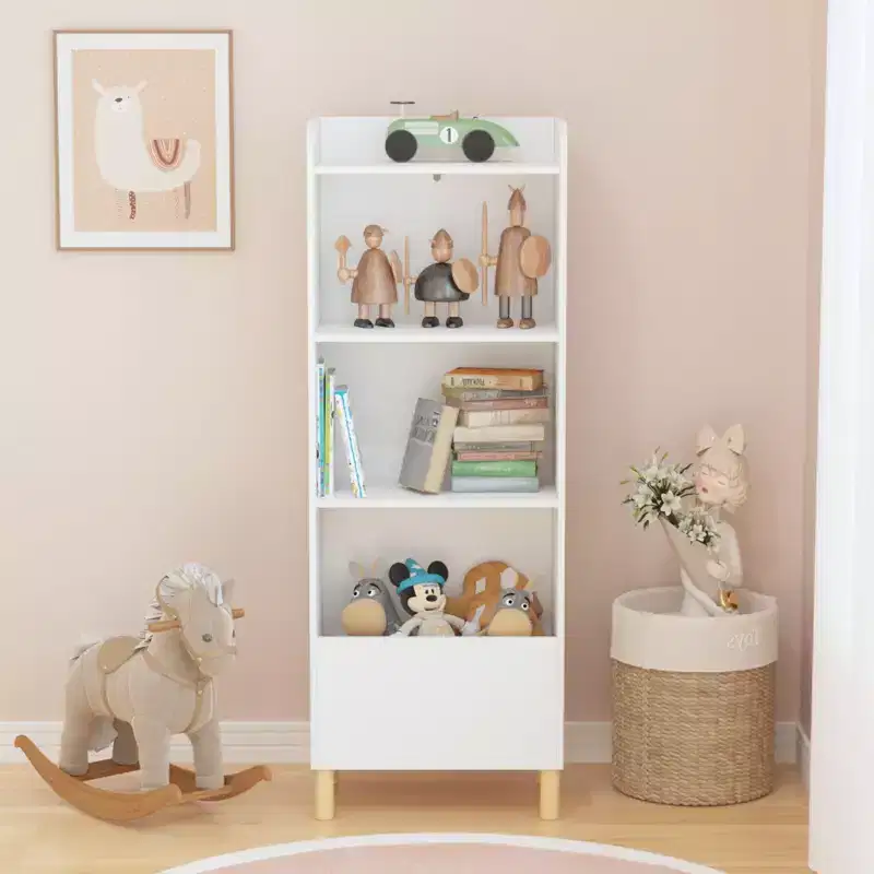 VIYET 51 Kids 4-Tier Bookcase, White MDF+Pine Legs Storage Organizer w/ Anti-Tipping Device (Nursery/Playroom Display Rack)