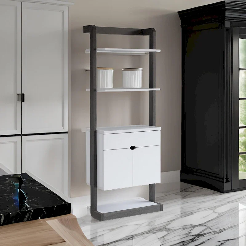 65 Inch Modern Display Cabinet with 4 Shelves and Drawer - Distressed Gray