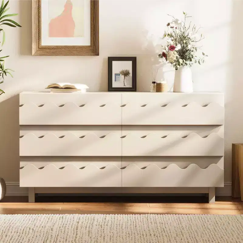 GDFStudio Eunice 60 Modern Wood 6-Drawer Dresser with Wave Front Design