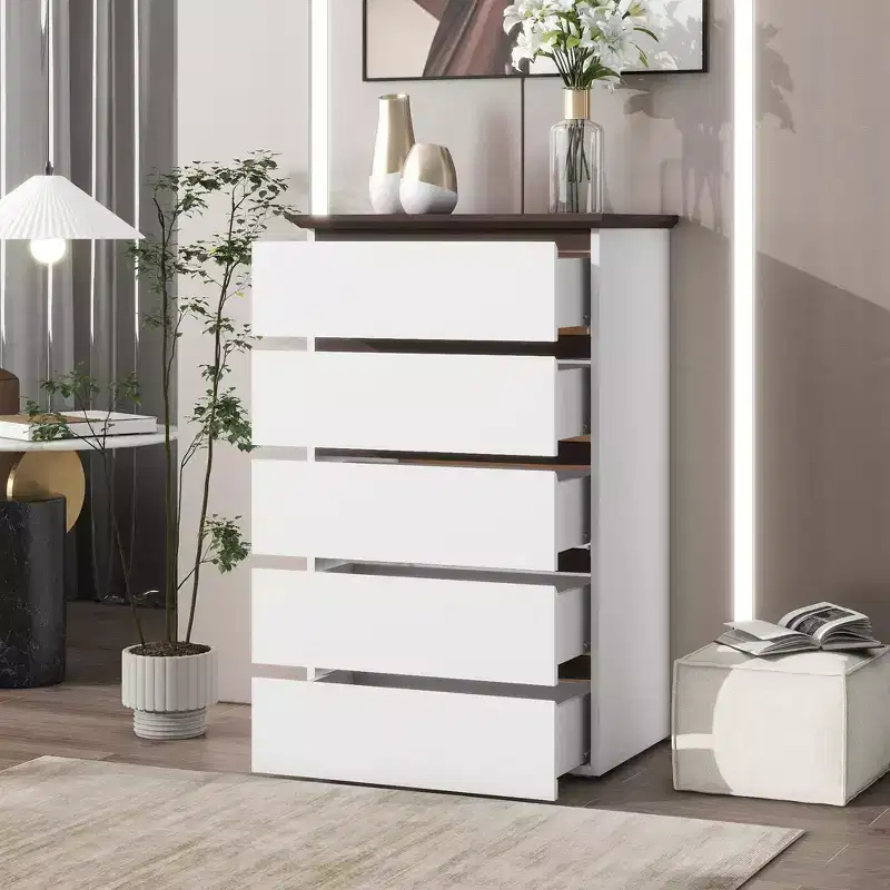 5 Drawer Dresser for Bedroom, Modern Closet Dressers Chest of Drawers, White & Walnut color Storage Dresser Chest Cabinet Organizer Unit