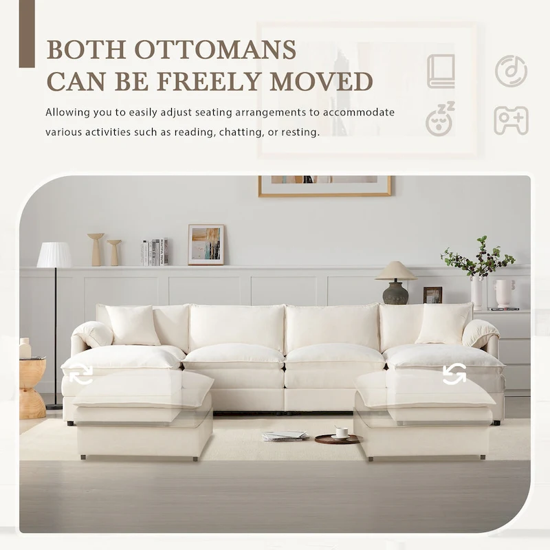 136 U-Shaped Chenille Cloud Sectional Sofa with Dual Ottomans