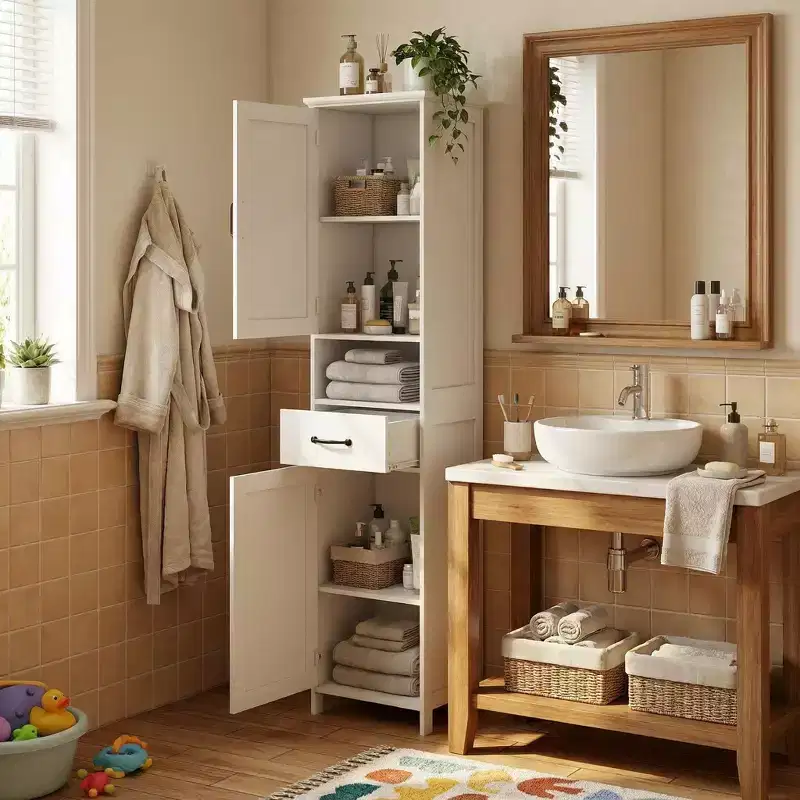 Homy Casa Tall Bathroom Storage Cabinet with Drawer & Double Doors, White