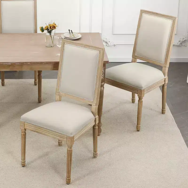 French Country Dining Chairs, 2 Piece, Linen Upholstered with Solid Back Chairs for Kitchen, Restaurant, Farmhouse