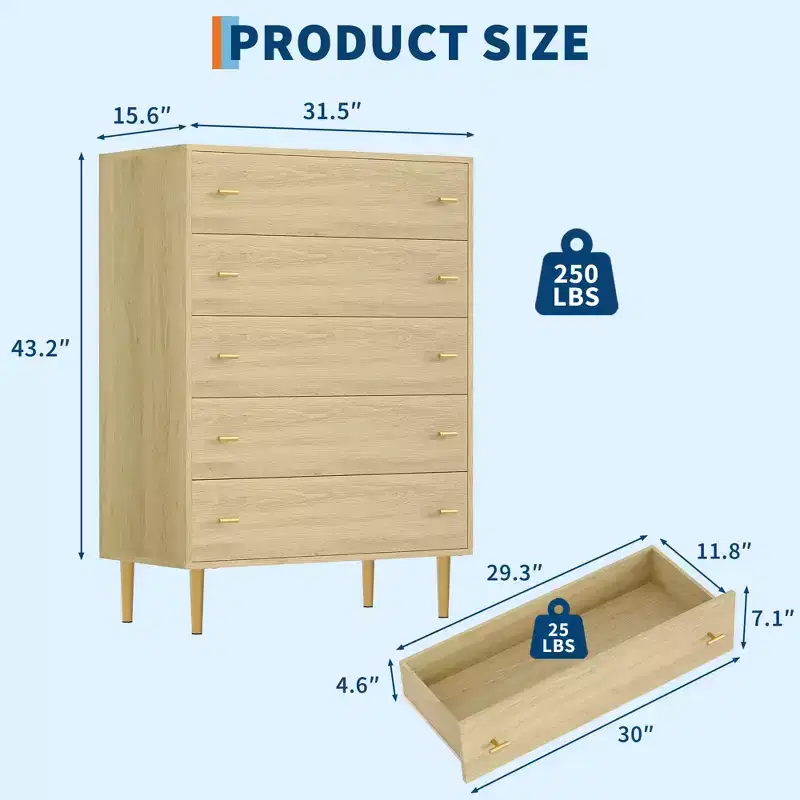 Farmhouse Dresser for Bedroom, Dresser Wood Rustic Chest, Bar Handles, Vintage Modern Design, Spacious Organizer for Bedroom, Living Room