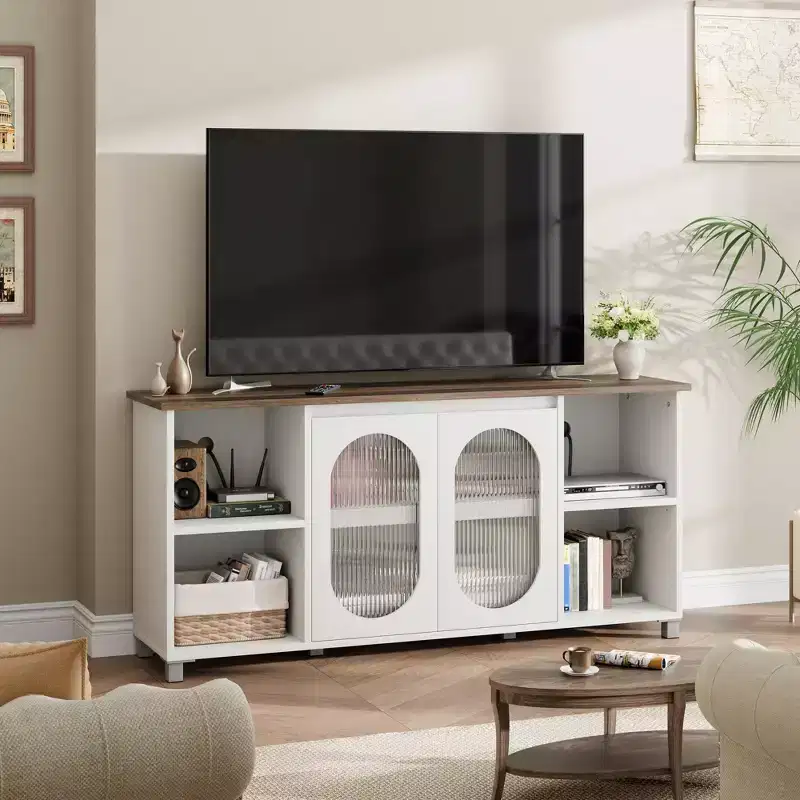 62.6 Inch TV Stand with Corrugated Glass Doors, Rustic Entertainment Center for Living Room with 2 Cabinets & 4 Open Shelves - Wood Console