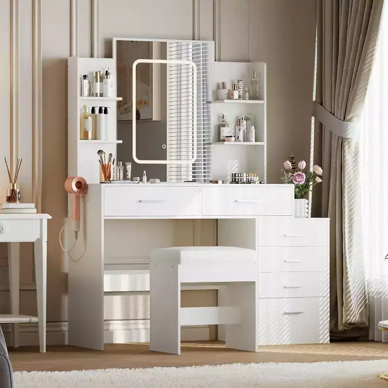 Vanity Desk Set with LED Mirror, Charging Ports, 6 Drawers, Shelves, Hairdryer Holder & Stool, Adjustable Lighting, White