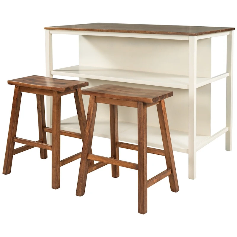 3-piece 45 Kitchen Island Set with 2 Seatings, Rubber Wood Butcher Block Dining Table Set Prep Table Set with 2 Open Shelves