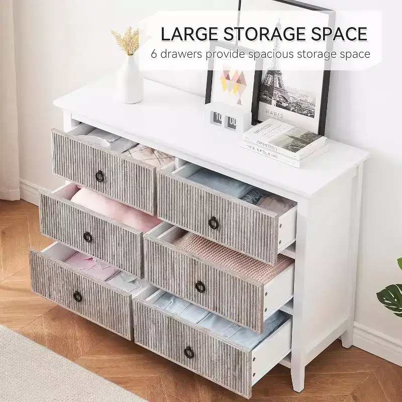 Dresser for Bedroom, 6 Drawer Double Dresser Fluted Drawers Panel, Wide Modern Chest of Drawers with Deep Drawers, Dresser TV Stand